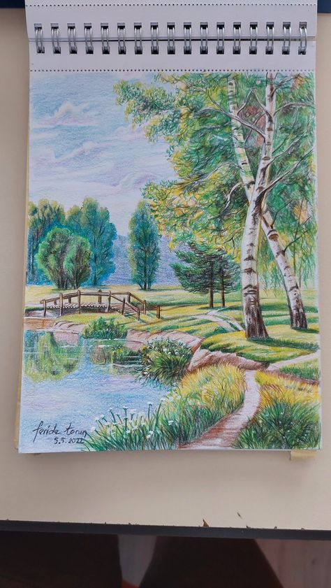 Prismacolor Landscape Drawing, Pretty Colored Pencil Drawings, Landscape Paintings With Pencil Colours, Colored Pencil Art Landscape, Colorpencils Drawing Nature, Landscape With Pencil Colour, Colored Pencil Drawing Landscape, Art Color Pencil Drawings, Color Pencil Tree