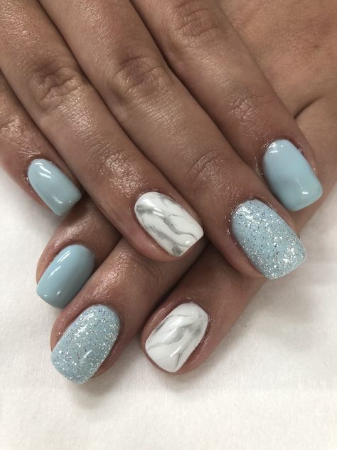 Baby Blue & White Marble Gel Nails Engagement Nails Blue, Blue And Beige Nails, Light Blue Marble Nails, Blue Maternity Nails, Light Blue And Silver Nails, Blue And White Marble Nails Acrylic, December Gel Nails, Marble Blue And White Nails, Blue Baby Shower Nails