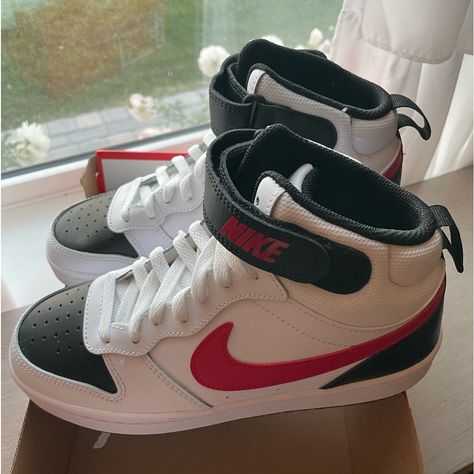 Brand New Never Worn Nike Court Borough Mid 2 (Gs) In White, University Red, And Black. Size 5.5y Nike Court Borough Mid 2, Court Borough Mid 2, Nike Court Borough, Red Aesthetic, Kids Nike, Shoes Nike, Red And Black, Nike Shoes, Red And White