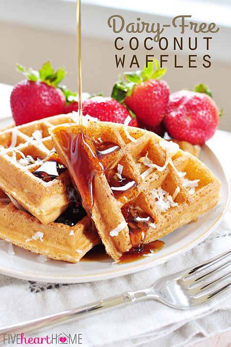 Dairy-Free Coconut Waffles ~ made with whole wheat pastry flour, coconut milk, coconut oil, and honey...tender, golden, and delicious! | FiveHeartHome.com Coconut Waffles, Whole Wheat Pastry Flour, Dairy Free Waffles, Pastry Flour, Coconut Recipes, Waffle Recipes, How To Make Breakfast, Pancakes And Waffles, Whole Wheat