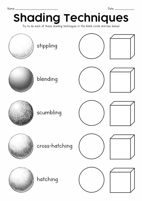 15 Texture Line Drawing Techniques Worksheet / worksheeto.com Art Teacher Resources, Art Handouts, Shading Drawing, Middle School Art Projects, Art Theory, Art Basics, Shading Techniques, Art Worksheets, Object Drawing