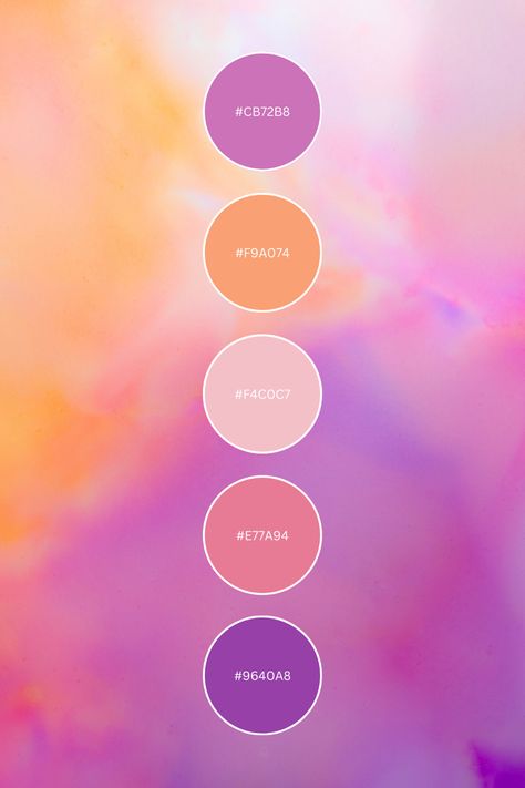 Use this beautiful color palette/color combo for inspiration on your next project! 🖤 #color #colorpallete #colorpaletteinspiration #bright #colorcombos Pink Peach Purple Color Palette, Purple Peach Color Palette, Lilac And Orange Colour Palette, Orange Pink Purple Color Palette, Pink Orange Lilac Color Palette, Purple Pink And Orange Wedding, Purple Sunset Color Palette, Sunset Wedding Colors Colour Palettes, Pink Purple Orange Color Palette