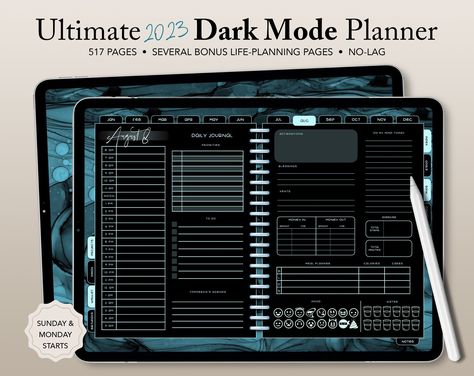 UNDATED Dark Mode Digital Planner, Journal for Goodnotes, Zoomnotes, Notability, Adobe, Xodo, Teal and Black, Dark Aesthetic, Black Planner - Etsy plannerspread #ultimatedigitalplanner. Black Dark Aesthetic, Goodnotes Ideas, Journal For Goodnotes, Black Planner, Panda Planner, Digital Planner Ideas, Notes Plan, Planner Diy, Study Tips For Students