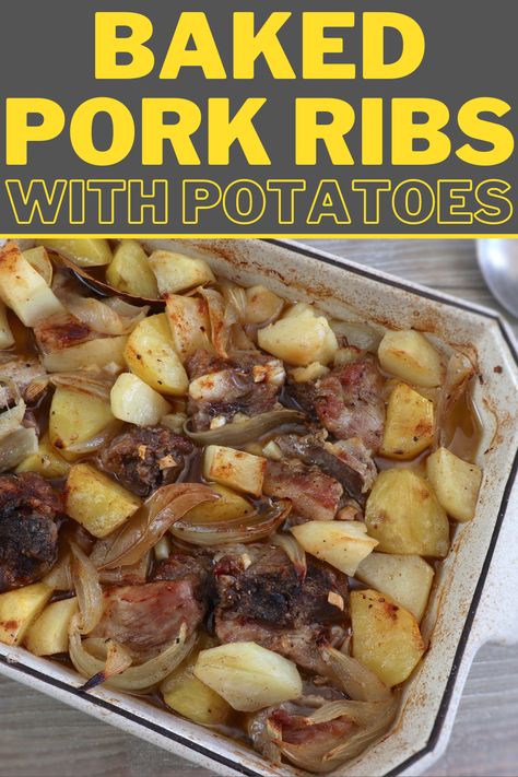 Baked pork ribs with potatoes on a baking dish Ribs And Potatoes, Oven Baked Pork Ribs, Pork Loin Back Ribs, Oven Pork Ribs, Country Pork Ribs, Pork Spare Ribs Recipe, Pork Picnic, Baked Pork Ribs, Pork Ribs Recipe