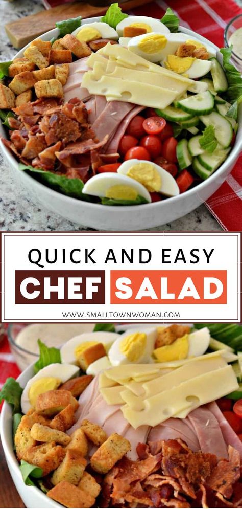 This Chef Salad is a quick and easy healthy meal that brings all the best hearty protein together with fresh tomatoes, cucumbers and seasoned croutons perfect for dinner! It is so simple to make with fresh ingredients. Make this healthy chef salad for a crowd! Chef's Salad, Salad For A Crowd, Chef Salad Recipes, Easy Healthy Meal, Clean Eating Salads, Salads For A Crowd, Chef Salad, Salad Recipes For Dinner, Healthy Family Meals