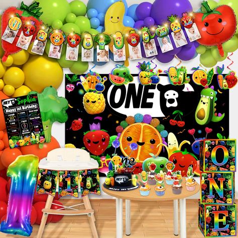 PRICES MAY VARY. fruit party supplies: hey bear birthday decorations include 1pc led light (batteries not included), 1pc birthday banner, 1pc highchair banner, 1pc cupcake topper, 1pc number foil balloon, 3pcs balloon boxes, 6pcs swirls, 12pcs cake topper, 4pcs fruit foil balloons, 90pcs latex color balloons, 1pc party backdrop, a roll of dot glue, a balloon chain, and a coil, these items can meet your baby's birthday needs dress up need high quality: fruit birthday decorations banners are made Hey Bear Decorations, Dancing Fruit Birthday Party, Hey Bear Birthday Party, Hey Bear Sensory Birthday Party, Fruit Balloons, Dancing Fruit, Fruit Party Decorations, 1st Birthday Theme, Hey Bear