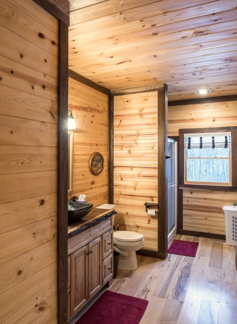 Small Cabin Bathroom Ideas, Small Cabin Bathroom, Log Home Bathrooms, Log Cabin Bathroom, Rustic Bathroom Shower, Knotty Pine Walls, Cedar Walls, Wood Wall Bathroom, Cabin Bathrooms