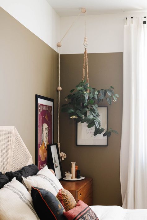 Boho Bedroom Wall Colors, Moody Boho Bedroom, Plant Pulley, Moody Boho, Bedroom Reveal, Bedroom Wall Colors, Accent Wall Bedroom, Bedroom Paint Colors, Bedroom Paint