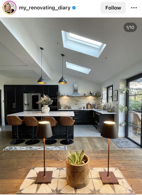 Living Room Brick Wall, Room Brick Wall, Beautiful Bungalows, Concrete Floor Tiles, Bungalow Inspiration, Kitchen Diner Lounge, White Brick Tiles, Dormer Bungalow, Kitchen Diner Extension