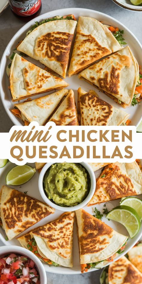 Looking for supper ideas that are quick, delicious, and fun to eat? These small quesadillas are made with leftover rotisserie chicken, gooey cheese, and crispy tortillas – perfect for game nights, parties, or even a simple weeknight meal. Save this now for a go-to chicken quesadillas recipe! 🌮🥑 #SupperIdeas #SuperbowlPartyFood Small Quesadillas, Mini Chicken Quesadillas, Chicken Fajita Quesadillas, Chicken Quesadillas Recipe, Chicken Quesadilla Recipe, Leftover Rotisserie, Super Bowl Party Food, Bowl Party Food, Leftover Rotisserie Chicken