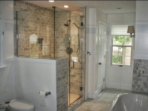 shower tile Shower Pony Wall, Half Wall Shower, Bathroom Shower Stalls, Pony Wall, Half Walls, Master Shower, Bathroom Pictures, Dream Bathrooms, Shower Stall