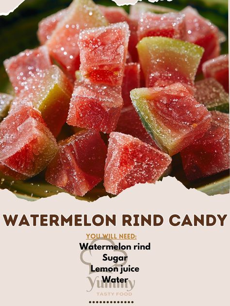 🍉 Explore the sweet side of sustainability with our Watermelon Rind Candy! A delightful treat! #EcoSweet Watermelon Rind Candy Ingredients: Watermelon rind, trimmed (4 cups) Sugar (2 cups (400 g)) Lemon juice (1 tbsp (15 ml)) Water (2 cups (480 ml)) Instructions: Simmer rind pieces in syrup until translucent. Drain and dry. Roll in sugar and dry. 🍉 Indulge in these eco-friendly candies that turn leftovers into something special! #SustainableSweets Cozy Fall Recipes, Watermelon Rind, Festive Drinks, Hearty Soups, Savoury Dishes, Lemon Juice, 2 Cups, Fall Recipes, The Sweet