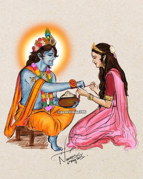 Draupadi tying Rakhi to Krishna 🙏 #Krishna #rakshabandhanspecial #draupadi Every girl deserves a protector like Krishna, standing strong to uphold honor and faith. This Rakshabandhan, let’s pledge to support and safeguard one another, ensuring that heinous acts like the Kolkata incident become a thing of the past. Together, we can create a world where every girl feels safe and valued. #Rakshabandhan #justiceforladydoctor #nirbhaya2 #kolkatarapecase #Sisterhood #wewantjustice [ Kri... Draupadi And Krishna, Draupadi Art, Krishna Rakhi, Krishna Krishna, Pencil Work, Create A World, Stand Strong, Krishna Painting, Goddess Art