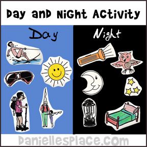 Day and Night Activity for Creation Lesson from www.daniellesplace.com Day And Night Preschool Theme, Day And Night Toddler Activities, Night And Day Activities, Day And Night Crafts For Kids, Day And Night Craft, Day And Night Activities, Pre-k Science, Night Theme, Sun Moon And Stars