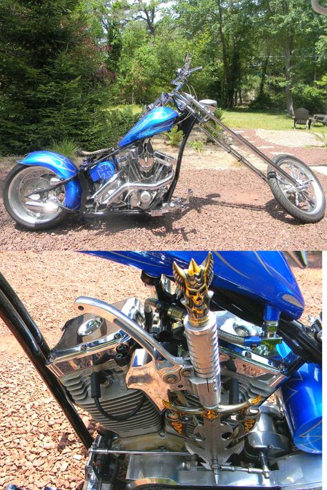 2009 Big Bear MERC Chopper-HOK Custom Candy Blue Paint w/Silver flames. 100cu. in. S&S Engine, S&S Carb, Baker 5sp Trans, 240mm WIDE Rear Tire, Twin Pointed Air Cleaner, 3’ BDL Primary Belt Drive, … 1780 miles, 20” over Springer front end, Custom hand shift, Billet Alum. Wheels, EFM Auto Clutch, Real Headturner, Original Owner, Looks and Runs Like New! Springer Front End, Big Bear Choppers, Silver Flames, Chopper Motorcycle, Custom Candy, Belt Drive, Bikes For Sale, Big Bear, Front End