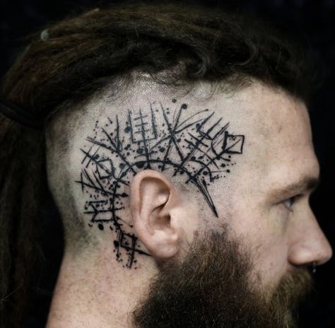 Viking Eye Tattoo, Viking Short Hair Men, Nordic Face Tattoo, Odin Hand Tattoo, Viking Head Tattoo Design, Nordic Neck Tattoo, Viking Head Tattoos For Men, Side Of Head Tattoo Men, Viking Head Tattoo