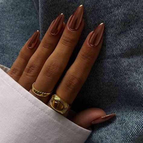 Amazon.com: 24PCS Press On Nails, Mirror Metal Stiletto Fake Nails, Almond Medium Shape, Stick on Nails, Glue on Nails False Nails (Bronze) : Beauty & Personal Care Spirit Fingers, Jazz Hands, November Nails, Smink Inspiration, Makijaż Smokey Eye, Metallic Nails, Nagel Inspo, Neutral Nails, Cat Kuku