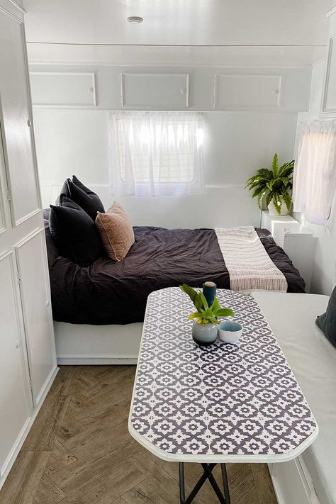 Reader reno: A stunning vintage caravan renovation | Better Homes and Gardens Small Caravan Bathroom, Small Caravan Renovation Ideas, 2 Berth Caravan Makeover, Viscount Caravan Renovation, Caravan Bathroom Ideas, Small Caravan Makeover, Small Caravan Renovation, Small Caravan Interior, Caravan Interior Ideas