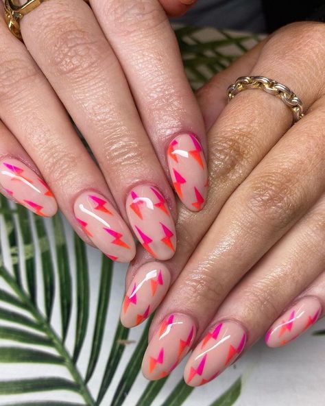 Neon Lightning Bolt Nails, Lightning Bolt Nail Art, Lightning Nail Art, Bolt Nails, Bb Nails, Lightning Bolt Nails, Pink And Orange Ombre, Neon Lightning Bolt, Lightning Nails