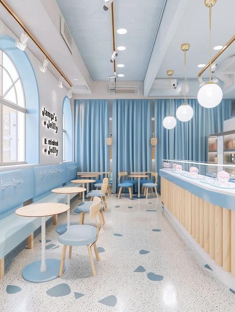 extremely beautiful and cute coffee shop interior Blue Cafe Interior, Cute Coffee Shop Interior, Coffee Decorations, Coffee Shop Interior, Booth Seat, Play Cafe, Blue Cafe, Bakery Interior, Cute Coffee Shop