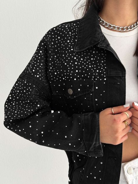 Black Rhinestone Jacket, Denim Jacket Cropped, Rhinestone Jacket, Edgy Woman, Demin Jacket, Black Jean Jacket, Denim And Diamonds, Womens Fashion Edgy, Black Denim Jacket