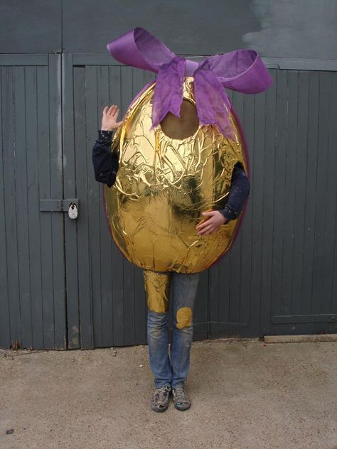 Lightweight foam egg costume covered in foil with purple ribbon - available to rent or buy - http://www.plungeproductions.com/archives/3432 Egg Costume Diy, Easter Costumes For Kids, Easter Egg Costume, Easter Costumes, Fundraiser Themes, Easter Hat Parade, Egg Costume, Easter Costume, Film Ideas