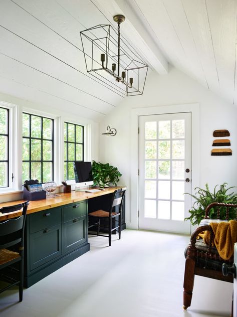 Farmhouse Fixer: O'Connor Family - Kristina Crestin White Home Office Design, Built In Desks, Dark Stained Wood Floors, Kristina Crestin, Black And White Home Office, Den Library, Farmhouse Fixer, White Home Office, Black And White Home