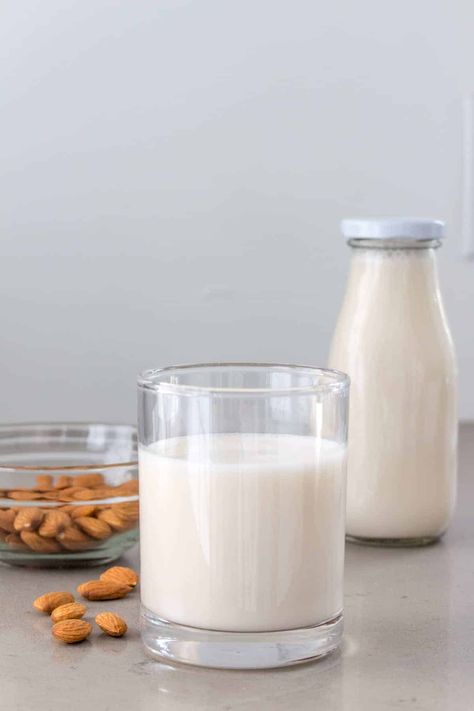 Creamy and delicious, Homemade Almond Milk is so easy to make. Here's how to make almond milk at home 3 different ways! Vanilla Almond Milk, Chocolate Almond Milk, Strawberry Almond Milk Strawberry Almond Milk, Homemade Nut Milk, Chocolate Almond Milk, Make Almond Milk, Strawberry Almond, Homemade Almond Milk, Nut Milk Bag, Homemade Syrup, Vanilla Almond Milk