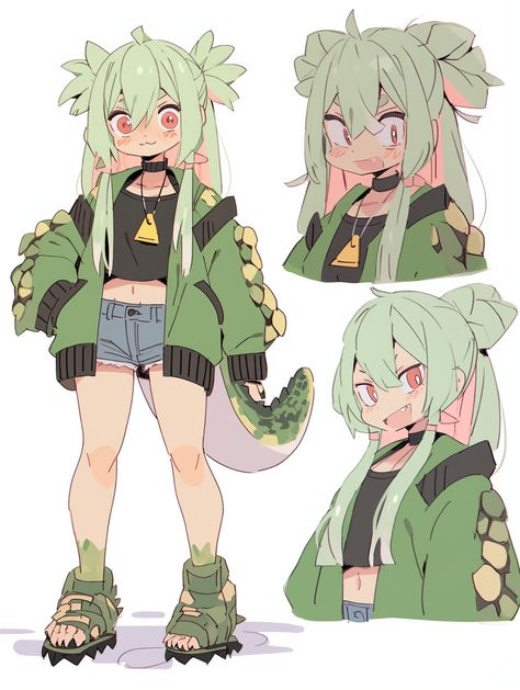 Flat Anime Character, Green Haired Character Art, Flat Color Art Style, Alligator Anime, Green Hair Oc, Character Profile Art, Character Design References Sheet, Reference Sheet Oc, Dragon Hybrid Oc