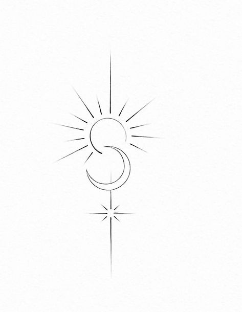 Crescent Sun Tattoo, Northern Star Tattoo Designs, Sun Moon Tattoo Minimalist, Moon Tattoo Spiritual, Upside Down Moon Tattoo, Sun And Moon Minimalist Tattoo, Meaningful Tattoo Drawings, Sun Hip Tattoo, Triad Tattoo