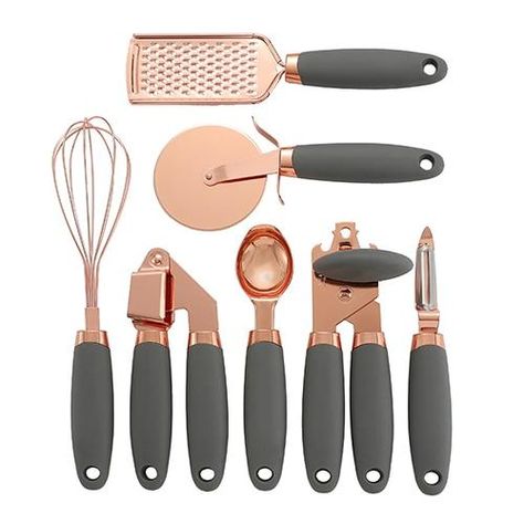 Gear Geek Rose Gold Garlic Press Pizza Cutter        Beautiful and functional, this rose-gold plated cutlery set with a garlic press and pizza cutter is the perfect addition to your kitchenware collection.The cutter is made of high quality stainless steel and is uniquely designed to be used in the kitchen and can also be carried along to picnics, barbecues, camping, and other outdoor activities. The garlic press has a strong handle and is ergonomically designed to offer the most convenient exper Gold Utensils, Rose Gold Kitchen, Stainless Steel Kitchen Utensils, Stainless Steel Utensils, Kitchen Tool Set, Cookware Set Stainless Steel, Gold Kitchen, Kitchen Utensil Set, Kitchen Tool