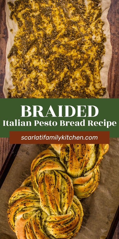 This savory braided pesto bread recipe is made from scratch. Light and fluffy, this homemade bread is braided with bright green basil pesto for a tasty, beautiful side dish. Pesto Garlic Bread, Plaited Bread, Pesto Bread Recipe, Cheesy Pesto Bread, Homemade Italian Bread, Italian Pesto, Pesto Bread, Bread Biscuits, Basil Bread