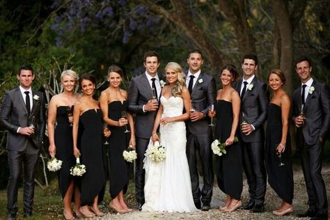 Love this White Tuxedo Wedding, Gray Groomsmen Suits, Groomsmen Grey, Bridal Party Attire, Black Bridesmaid, Suit Ideas, Black Bridesmaids, Grey Bridesmaid Dresses, Black Bridal