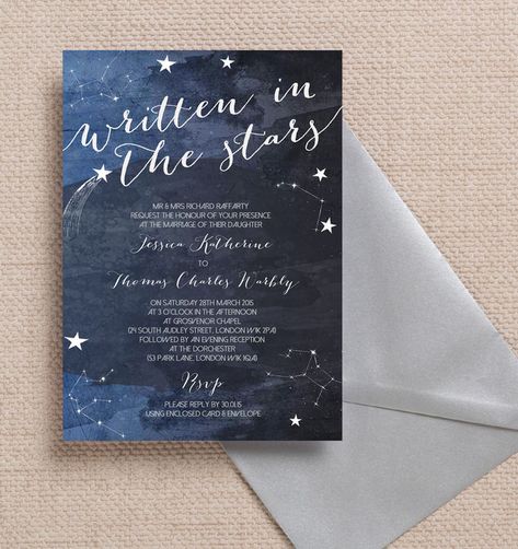 Astronomy Wedding Theme, Midnight Blue Wedding, Star Themed Wedding, Galaxy Wedding, Stars Wedding Invitations, Starry Night Wedding, Colorful Wedding Invitations, Cheap Wedding Venues, Navy Wedding Invitations