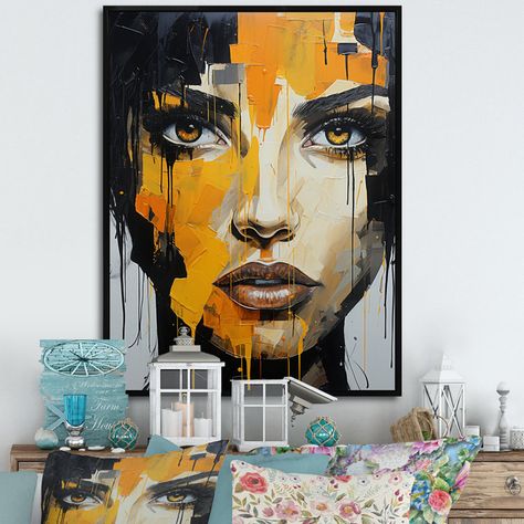 Nobuye Yellow Enigma Woman Portrait - Print on Canvas Abstract Wall Art Living Room, Portrait Wall Art, Portrait Wall, Woman Portrait, Abstract Portrait, Naha, Metal Art Prints, Art Abstrait, Wall Art Living Room