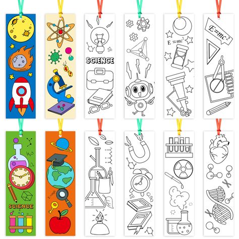 PRICES MAY VARY. Color Your Bookmarks: You will receive 72 pieces of science theme coloring bookmarks and 3 bundles of ribbons in 12 different style designs, 6 of each. You can DIY colors on the bookmarks, use your imagination to make these labels more beautiful and meaningful! Science Theme Design: Our science theme coloring bookmarks adopt lots of science elements and patterns, including microscopes, U shaped magnets, light bulbs, chromosomes, reagent bottles, and more, creating a fun and attr Science Bookmarks Diy, Science Bookmarks, Astronaut Diy, Coloring Bookmarks Free, Science Elements, Science Themed Party, Bookmarks For Kids, Funny Chemistry, Marker Crafts