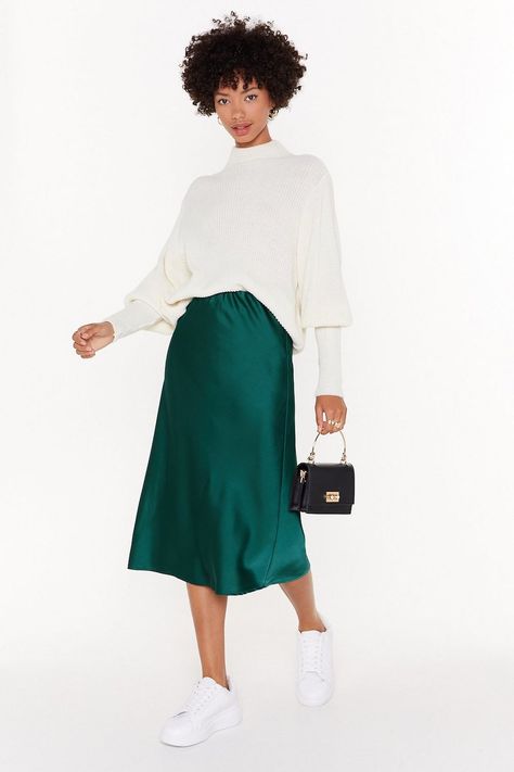 f337d999d9ad116a7b4f3d409fcc6480desc34473466ri Green Satin Skirt, Slip Skirt Outfit, Green Silk Skirt, Silk Skirt Outfit, Satin Skirt Outfit, Satin Midi Skirt, Shop Clothes, Looks Black, Slip Skirt