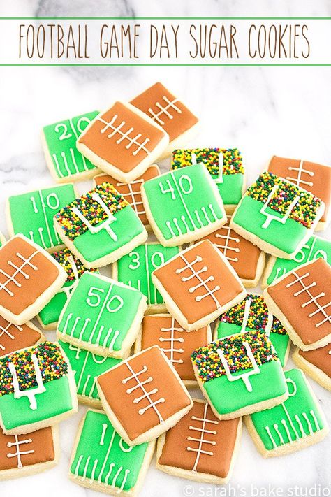 Football Game Day Sugar Cookies – bite-sized, totes adorbs, cutout sugar cookies decorated with football game day awesomeness; nothing says Super Bowl like these tasty decorated sugar cookies! Super Bowl Cookies, Football Desserts, Superbowl Desserts, Football Cookies, Sugar Cookie Designs, Decorated Sugar Cookies, Cutout Sugar Cookies, Fall Cookies, Super Bowl Food