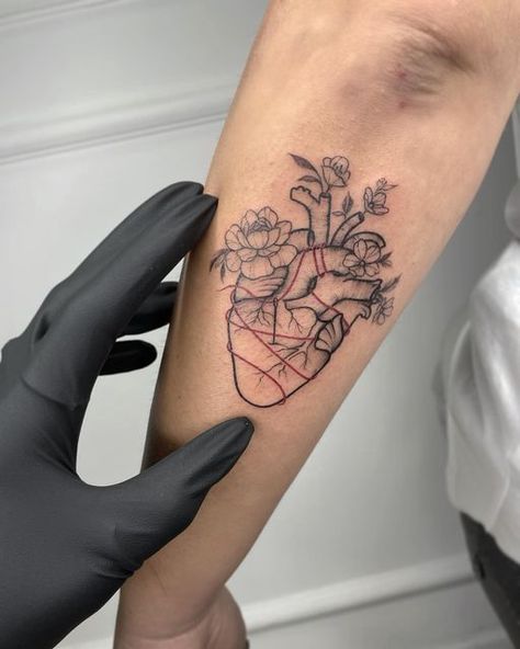 Heart Organ Tattoo Flowers, Fixed Heart Tattoo, Biological Heart Tattoo, Atomically Heart Tattoo, Heart Condition Tattoo, Healed Heart Tattoo, Stitched Heart Tattoo, Head And Heart Tattoo, Heart Organ Tattoo