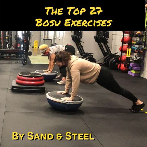 In our Top 27 BOSU exercises article, we show you which exercises are best done on the BOSU.  Plus we’ll explain how to program for BOSU, and how to inflate your BOSU, and how to train clients to use the BOSU properly. Bosu Exercises, Skater Lunges, Bosu Ball Workout, Bosu Workout, V Jump, Ball Workout, Oblique Crunches, Weighted Squats, Balance Trainer