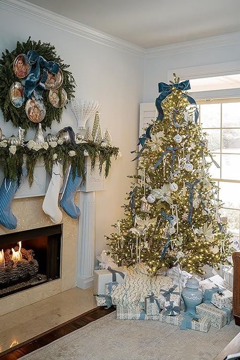 Chapple Chandler's Amazon Page Blue Bows On Christmas Tree, Grand Millenial Christmas Tree, Grand Millennial Christmas Tree, Blue Theme Christmas Tree, Christmas Blue Aesthetic, Green And Blue Christmas Tree, Christmas Ribbon Decor, Preppy Christmas Decor, Blue And Green Christmas Tree