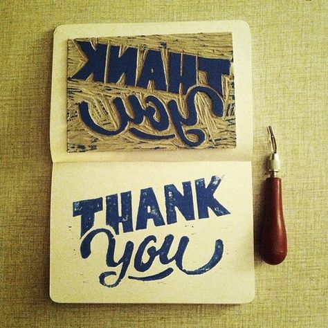 Lino Block - Thank you. ~ Kyle Gallant Lino Print Letters, Block Print Typography, Thank You Linocut, Block Print Thank You Card, Linocut Thank You Cards, Linocut Lettering, Creative Thank You Card Design, Thank You Card Design Aesthetic, Lino Cut Art