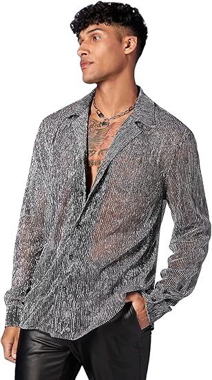 Amazon.com: WDIRARA Men's Sheer Mesh See Through Glitter Button Front Long Sleeve Shirt Tops : Clothing, Shoes & Jewelry Beach Tops Summer, Summer Activewear, Casual Summer Wear, Men Casual Summer, Mens Spring Fashion, Mesh Shirt, Men's Casual Style, Casual Summer Shorts, Summer Blouses