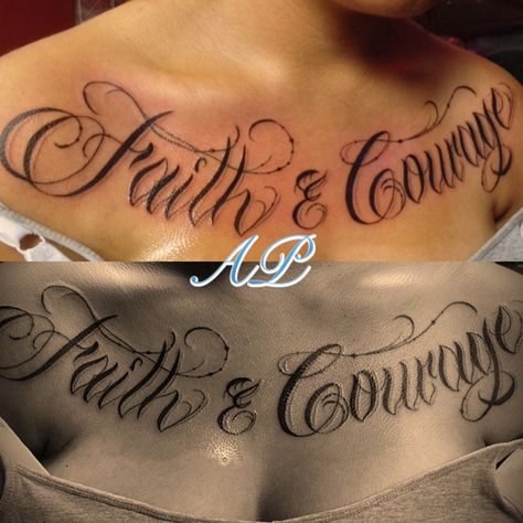 Scrip Tattoo, Mums Tattoo, Chest Tattoo Lettering, Courage Tattoo, Courage Tattoos, Aa Tattoos, Mum Tattoo, Tattoo Lettering Styles, Traditional Style Tattoo