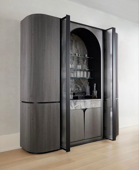 Living Room With Mini Bar, Bar Interior Design Home, Bar Unit Design, Interior Bar Design, Bar Cabinets For Home, Curved Cabinet Doors, Bar Cabinet Ideas, Concealed Bar, Mini Bar Design