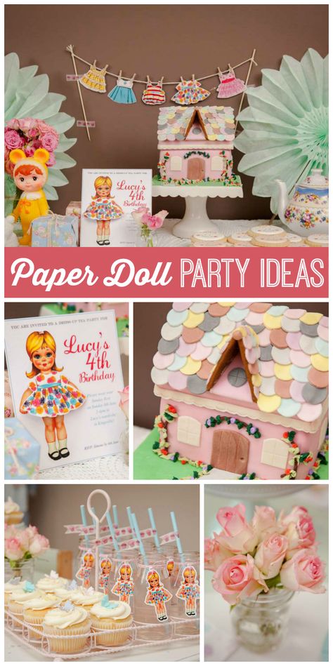 A Vintage Paper Doll girl birthday party with a dollhouse cake and fun party decorations!  See more party planning ideas at CatchMyParty.com! Paper Doll Birthday Party, Dollhouse Birthday Party, Doll Themed Birthday Party, Doll Birthday Party, Vintage Birthday Parties, Vintage Paper Doll, Party Planning Ideas, Retro Birthday