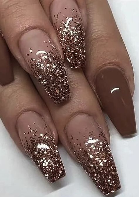 #affiliate Fall nail design inspo, nail art, fall brown and glitter nails, press ons. Glitter French Nails, Brown Nail Art, Brown Acrylic Nails, Sugar Nails, Brown Nails Design, November Nails, Ombre Nails Glitter, Cute Nails For Fall, Coffin Press On Nails