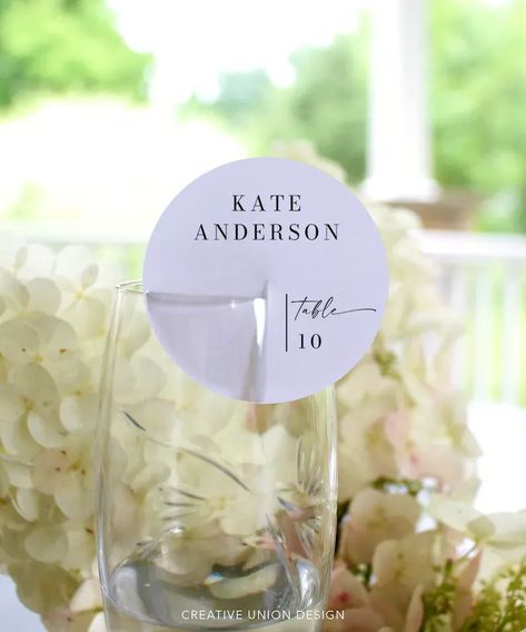 Create a unique way to display your place cards on a wine or champagne glass with this easy template! No special software required! Easy to edit and print! Circle Name, Glass Circle, Place Card Template, Wedding Stationery Design, Seating Cards, Bridesmaid Proposal Box, Tag Print, Champagne Wedding, Seating Chart Wedding