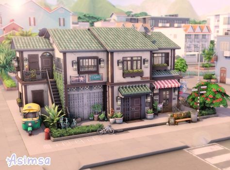 Sims Neighborhood, Modern Parisian Apartment, Japanese Apartment, Modern Parisian, Off Grid House, Japanese Village, Apartment Exterior, Townhouse For Rent, Sims 4 House Plans