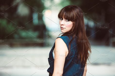 Woman looking over shoulder by JolieTristesse on @creativemarket People Looking Over Their Shoulder, Person Looking Over Shoulder, Person Looking Over Shoulder Reference, Girl Looking Over Shoulder, Looking Over Shoulder Pose, Woman Looking Over Shoulder, Woman With Bangs, Strong Portrait, Looking Over Shoulder